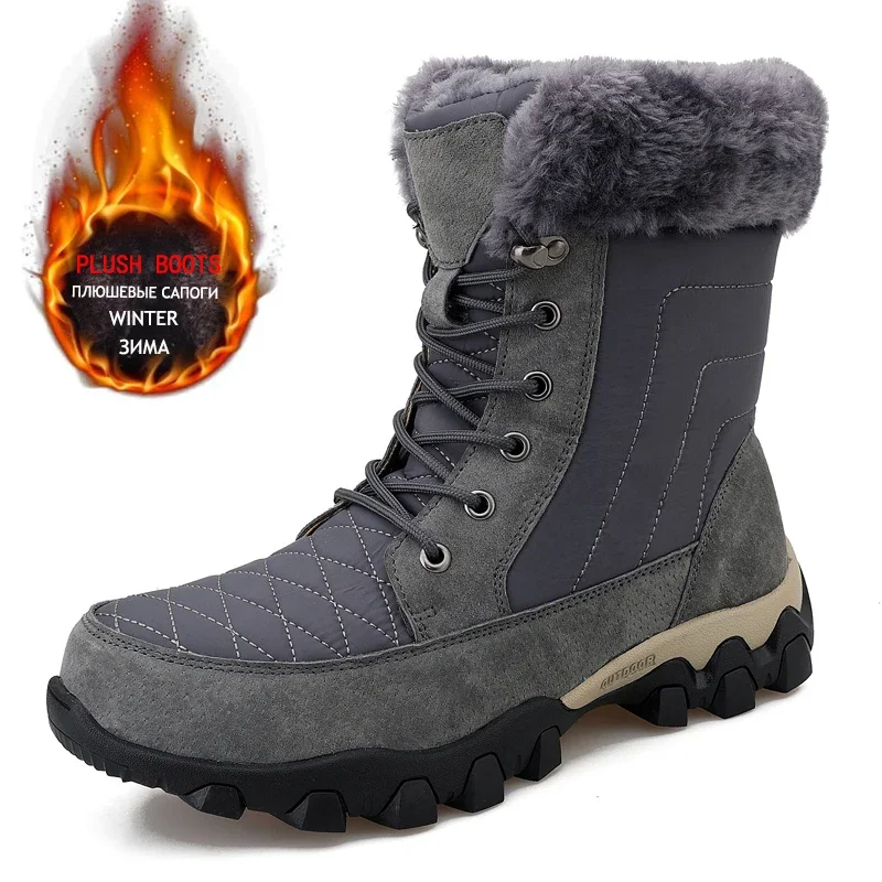 Botas de couro com pele masculina, botas de neve quentes, plataforma impermeável, ao ar livre, inverno frio, novo