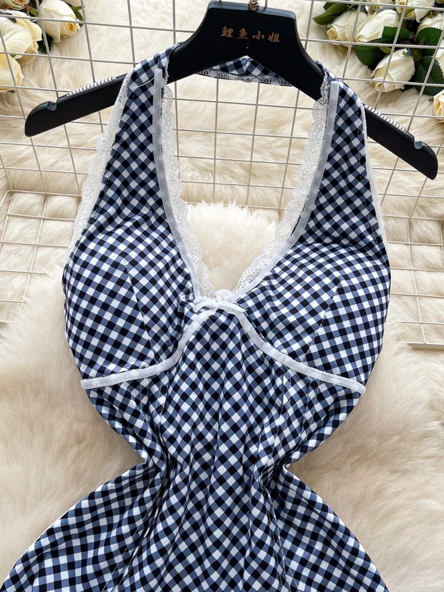 Foamlina moda Pure Desire vestido con cuello en V mujeres 2025 verano encaje Patchwork Halter Correa ceñido al cuerpo Mini vestido a cuadros