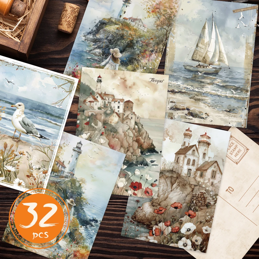32 Stück Beach Healing Postkartenserie, Aquarellillustrationen, Grußkarten, Poster, Wandaufkleber, Schlafzimmerdekoration, Postkarten
