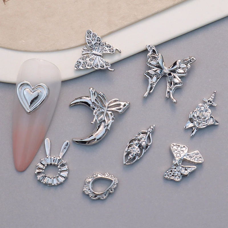 20PCS Silver Metal 3D Moon Butterfly Nail Charms Accessories Parts Heart Bow For Manicure Decor Nails Decoration Supplies Tool