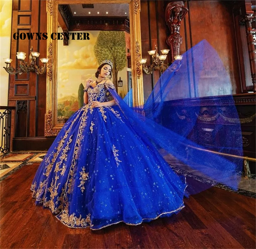 

New In Royal Blue Light Gold Lace Appliques Spaghetti Quinceanera Dresses For Girl With Cape Ball Gown Dress For Sweet 15 16