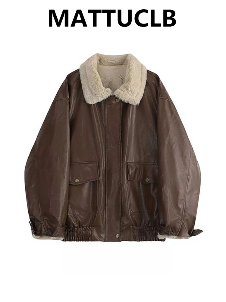

2025 Autumn Winter Women American Retro Jacket Y2k Oversize Pu Faux Leather Coat 2000s Lambs Wool Outwears College Style Tide