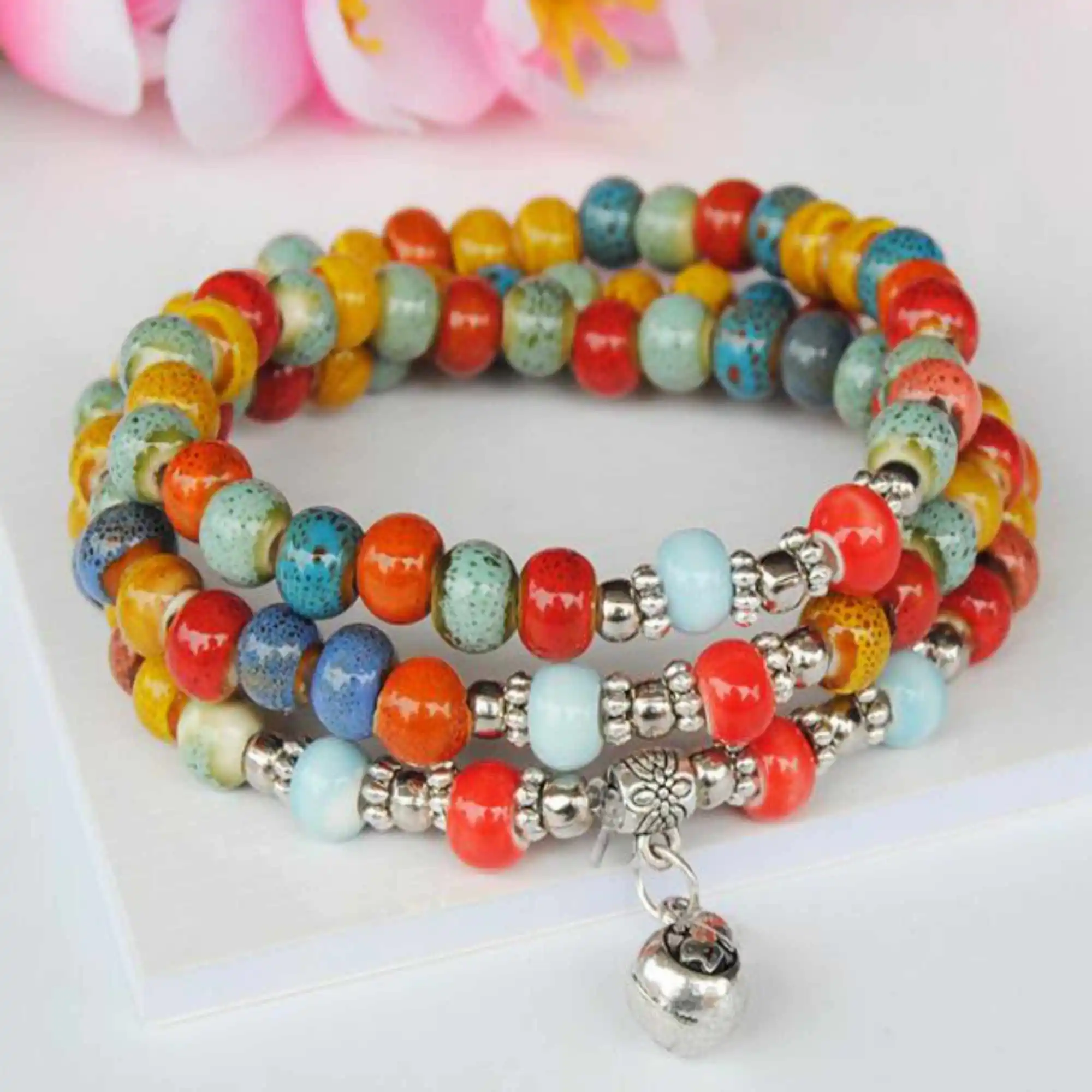 

Painted pottery energy bracelet beads Tibet silver pendant Adjustable Link Trendy Cuff Beaded Prayer