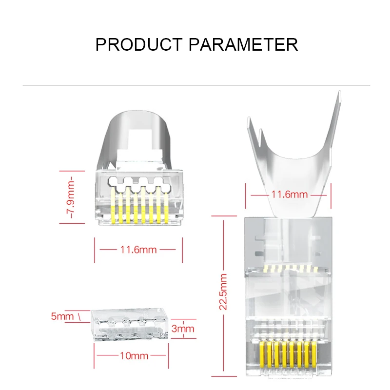 Conector rj45 Cat7, 10gbps, 50u, cat6a, plugue do cabo ethernet, sfp, ftp, blindado, lan, furo de 1,5mm, furo