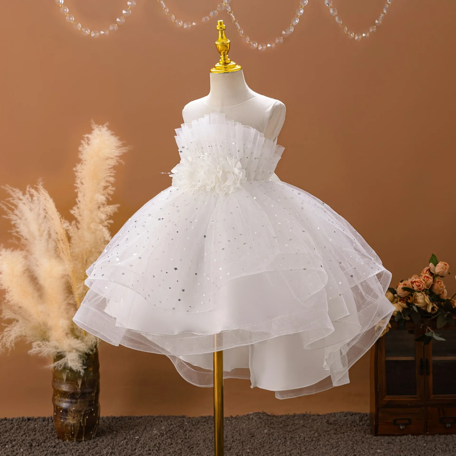 Elegant Trailing Flower Girl Dress for Weddings And Party Kids Galaxy Style Prom Gown 3-10 Years