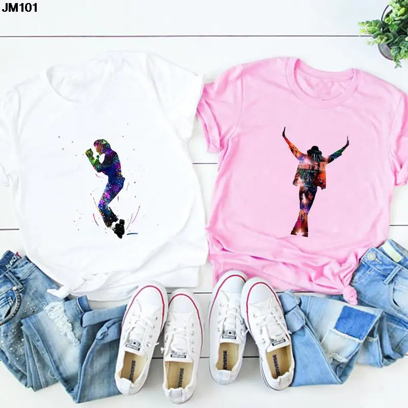 King Of Music Pop Michael Jackson Print T-shirt Summer Women's Short Sleeve T Shirt Harajuku Fashion Pink Female Clothing Tshirt