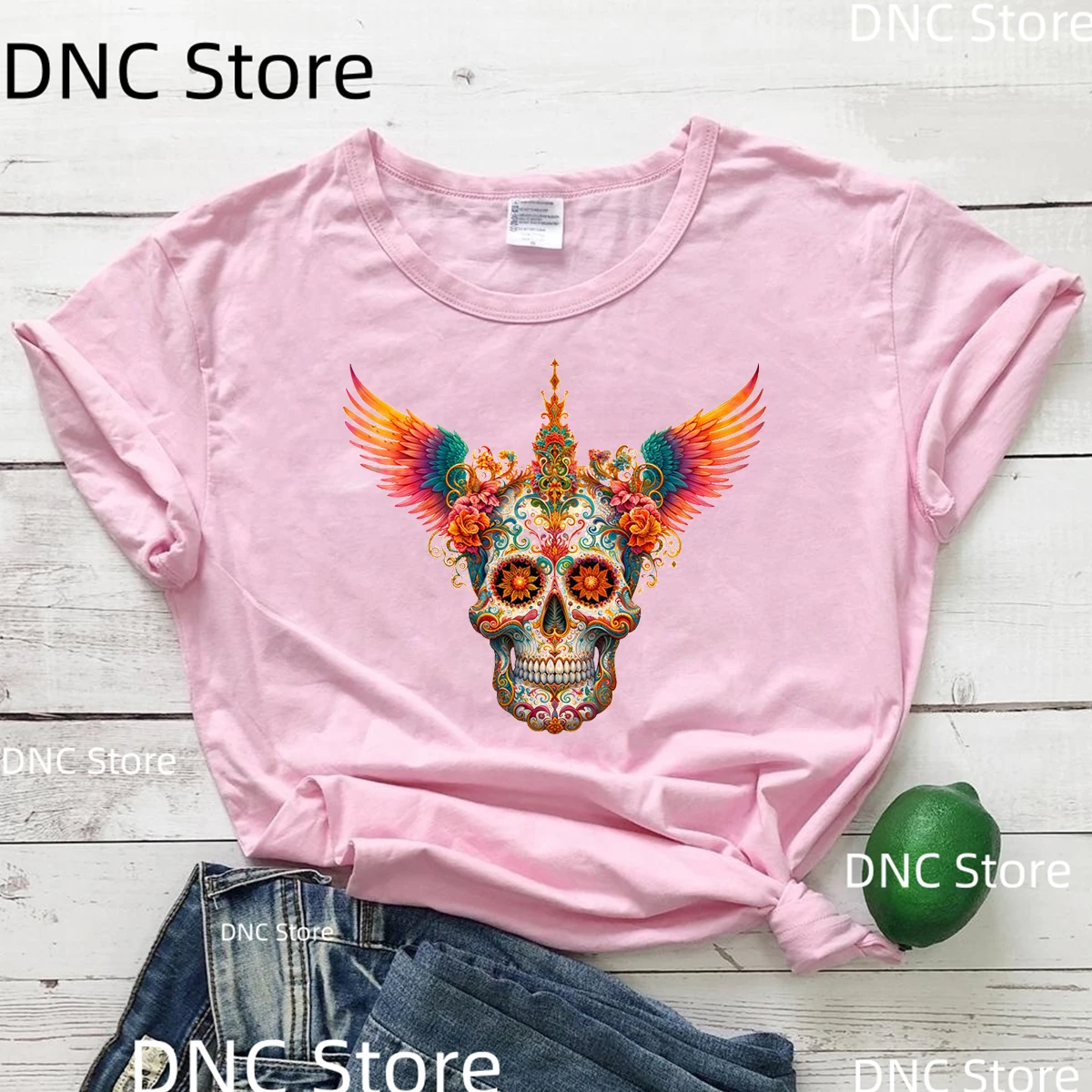 Hand Drawn Watercolor Sugar Skull Halloween Tshirt Women New Year Gift Clothes Fashion Trend Women Tshirt Pink Short Sleeved Top