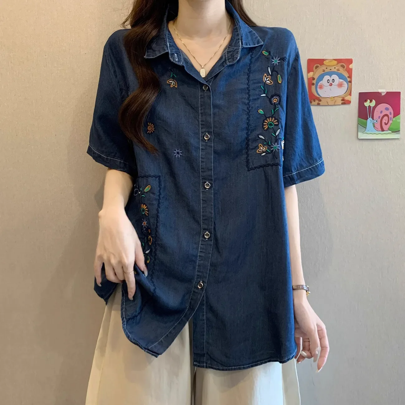 

New 2025 Summer Short Sleeve Denim Shirt, Women Turn-down Collar Embroidery, Mori Girl Retro Sweet Casual Loose Blouse