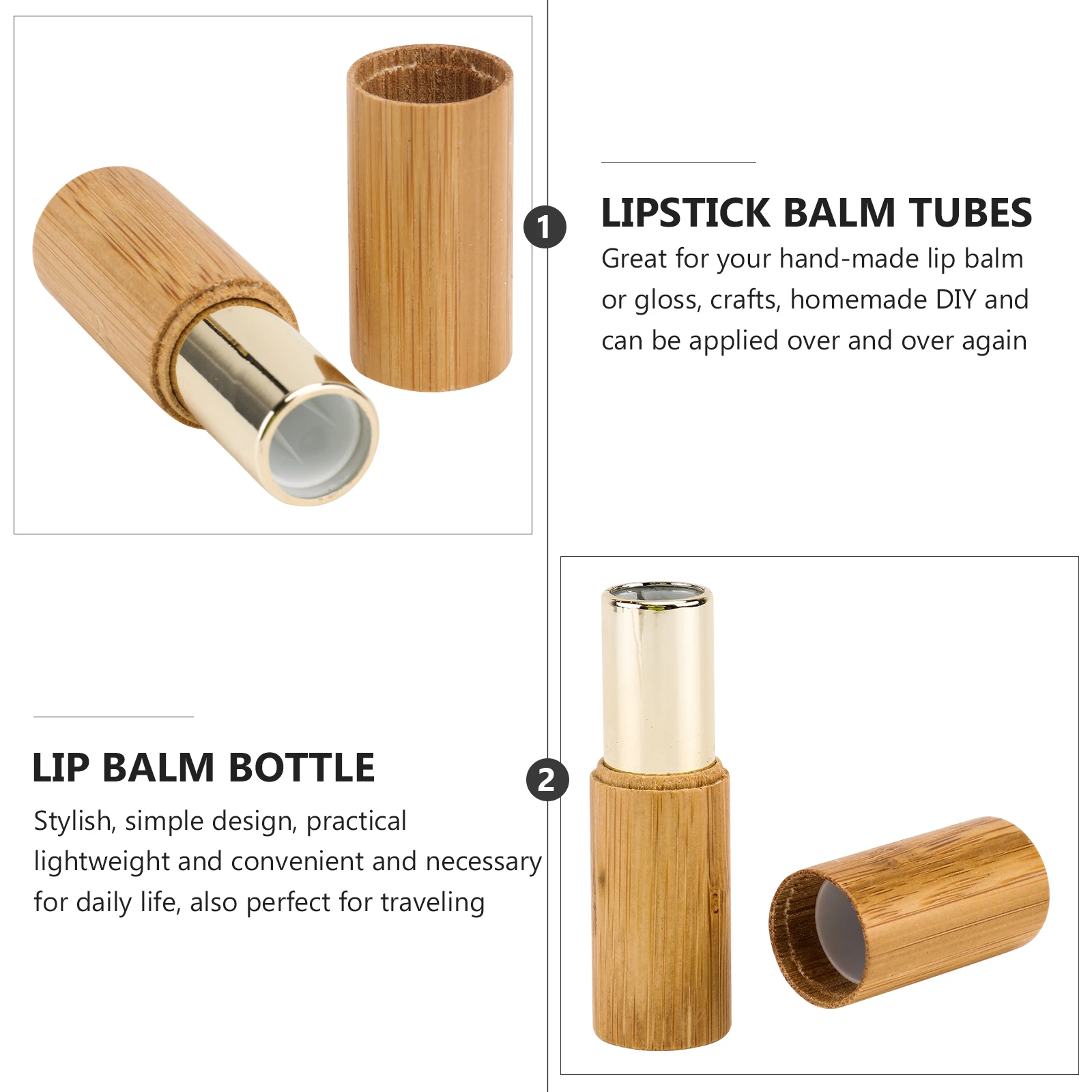 

2pcs Bamboo Lipstick Tubes 3. Empty Lip Balm Containers For Diy Lip Gloss Golden Metal Cap Travel Lightweight Case