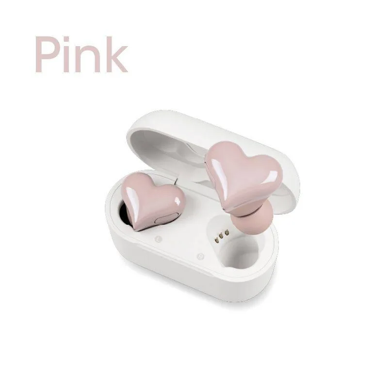 Heart Buds Wireless Bluetooth 5.1 Earphones Pink Touch Control Low Latency Gaming Gift for Girls Women Students