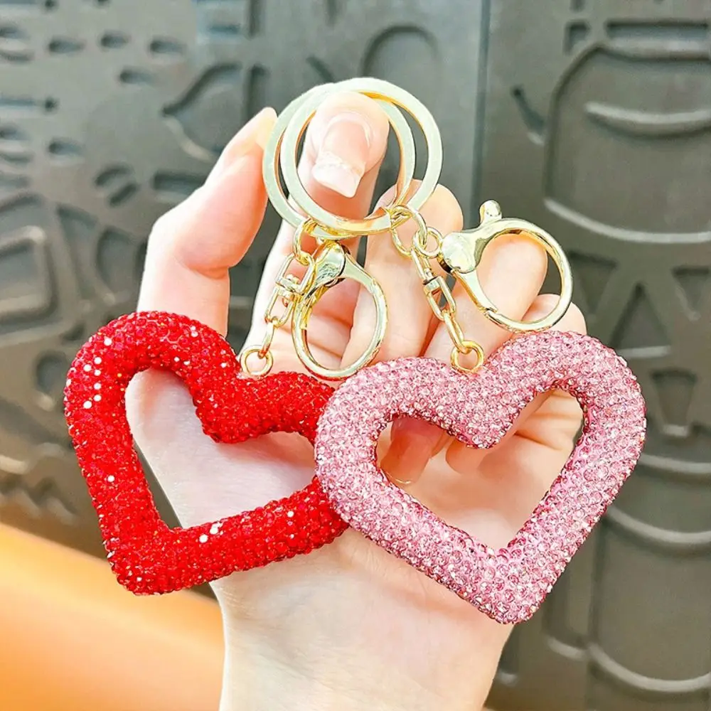 Inlaid Heart Full Diamond Love Keychain Full Diamond Leather Rope Water Diamond Key Pendant Love Hollow