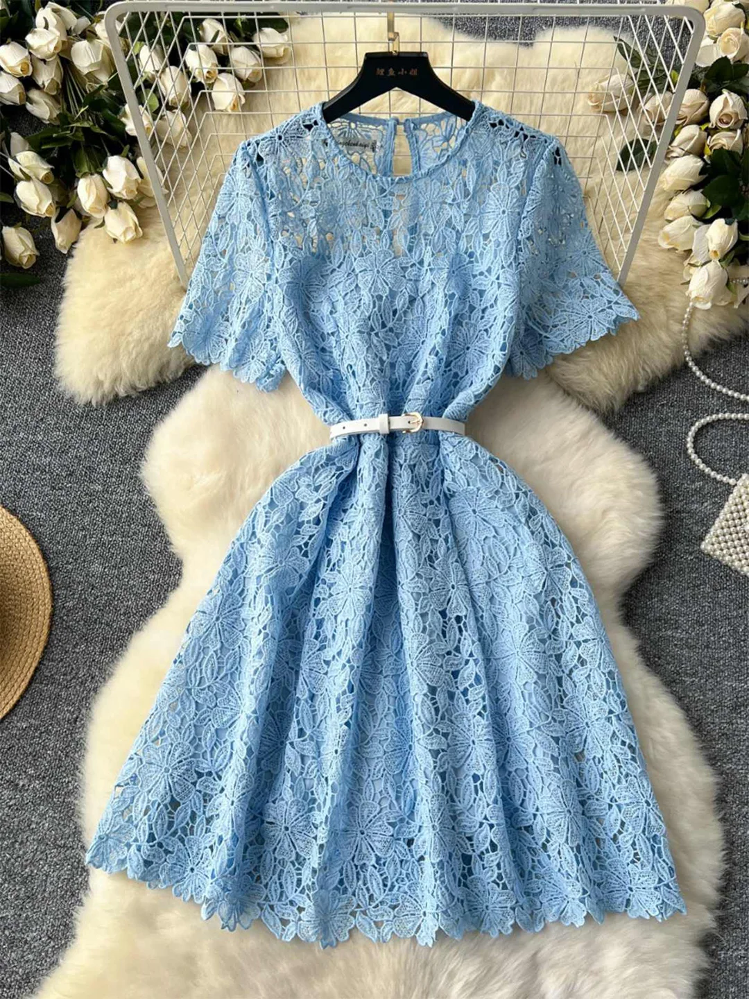 Croysier Round Neck Short Sleeve Dress With Belt Fashion Crochet Lace Elegant Casual Mini Dresses For Women Summer Clothes 2025