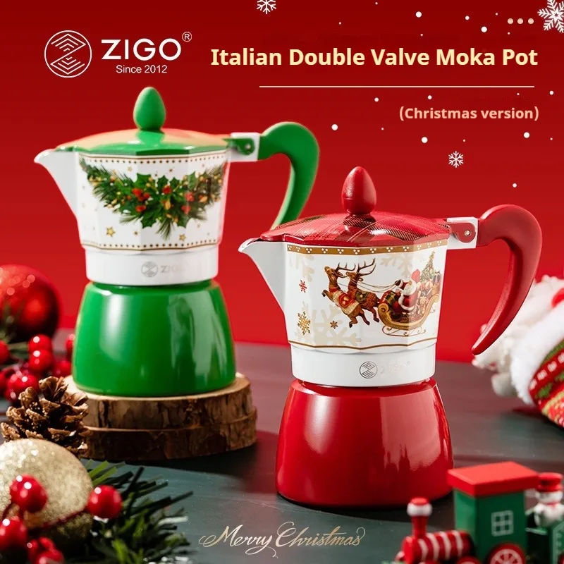 ZIGO Mocha Pot Italia katup ganda, pembuat kopi rumah tangga, Mesin kopi pembuat bir tangan edisi terbatas Natal kopi portabel