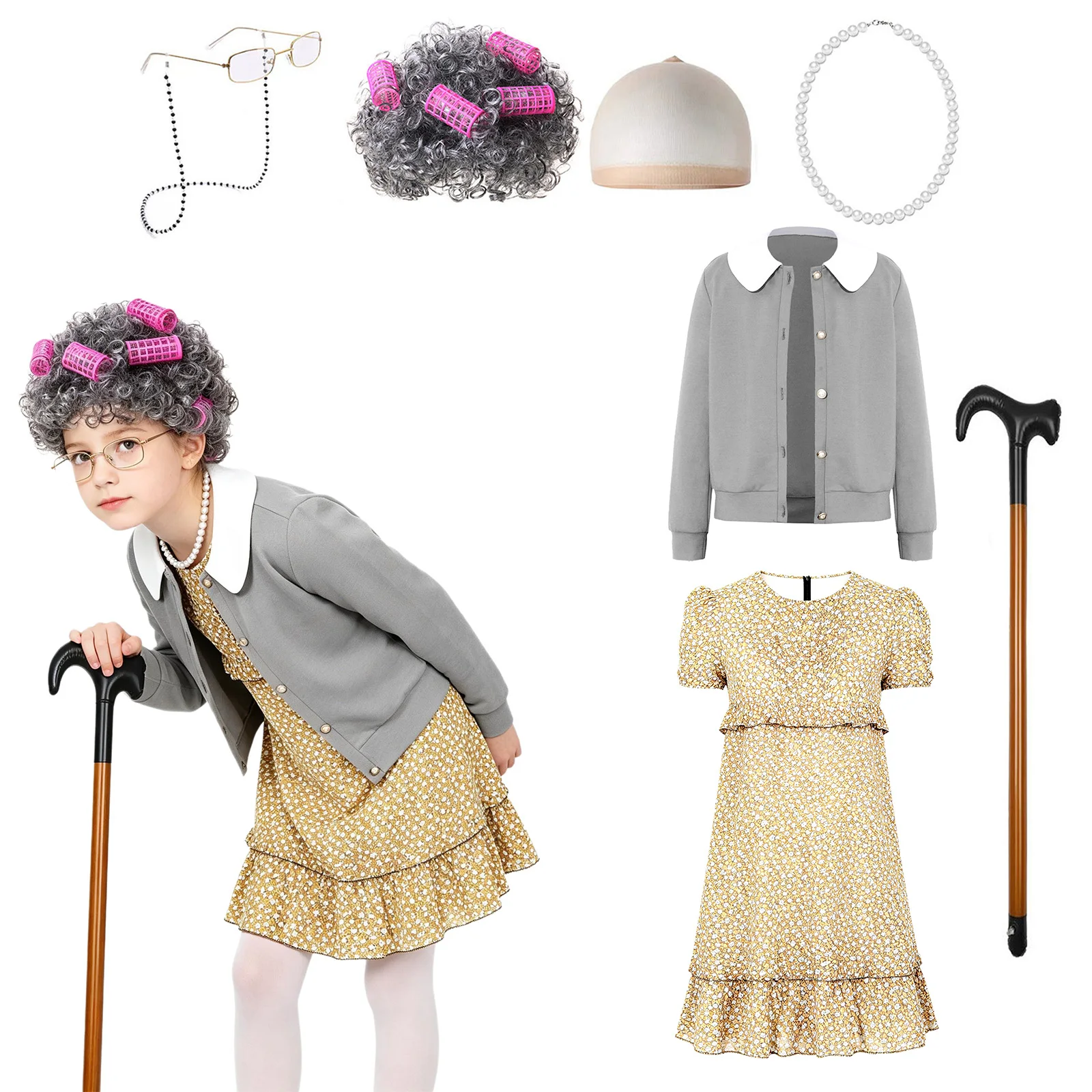 

Girls 100 Days of School Old Lady Costume Floral Printed Dress and Outwear Complete Set Wig Faux Pearl Necklace Glasses Hair Net