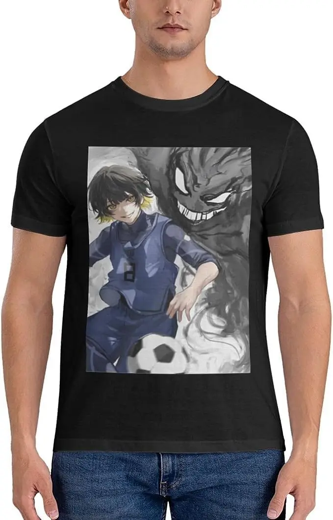 Blue Anime Lock Shirt Men's Breathable Custom Cotton Short Sleeve Tshirt Fashion Casual Tops Tees Black