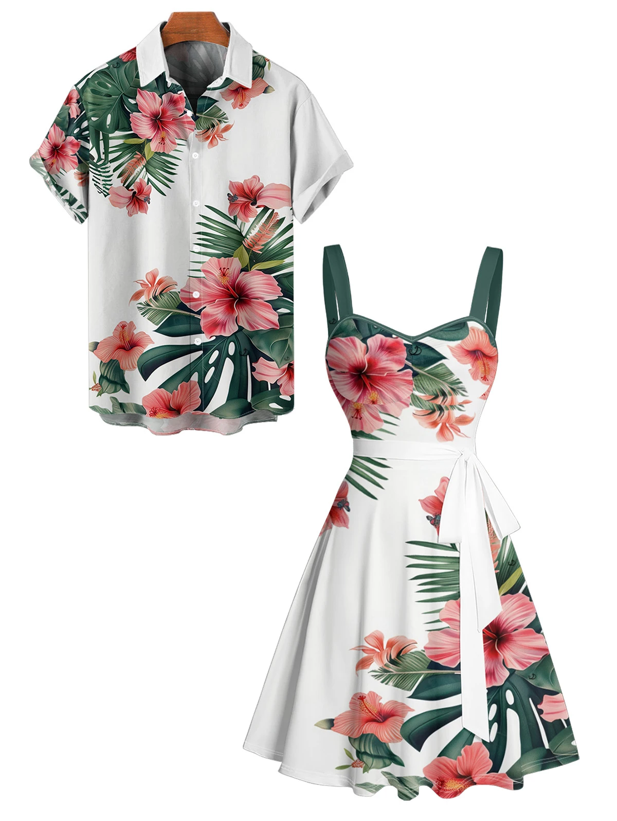 Dressfo Couple Matching set Hawaii Vacation Tropical Flower Print Belted Mini Dress And Short Sleeve Shirt Matching Outfit