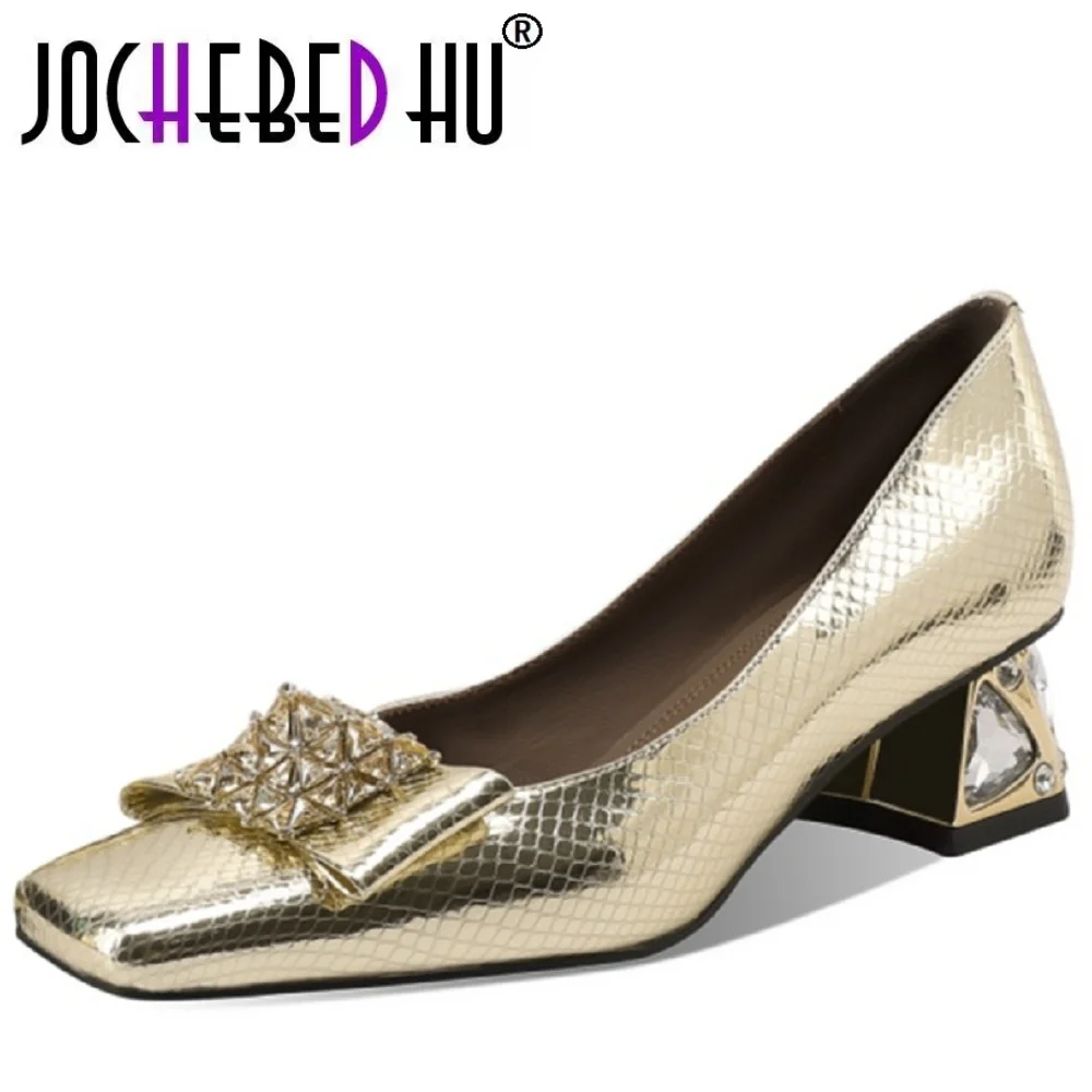 

【JOCHEBED HU】sexy gold Handmade Genuine Leather Square toe Women Mid Heels rhinestone luxury Single Shoes Work pumps 33-43