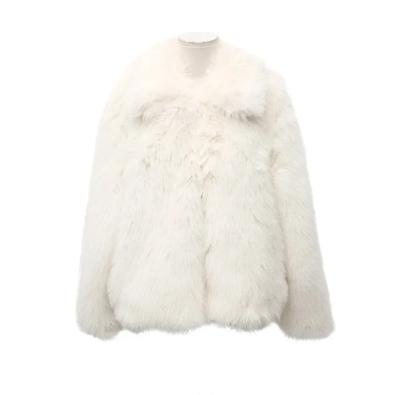 Winter Nieuwe Vrouwen Losse Casual Korte Faux Vossenbont Jas Revers Lange Mouw Wit Kaki Imitatie Jas Vrouwelijke Chaqueta Mujer