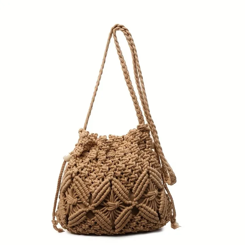 

Boho Macrame Bucket Bag Handmade Woven Drawstring Shoulder Bag Summer Beach Crossbody Purse for Women