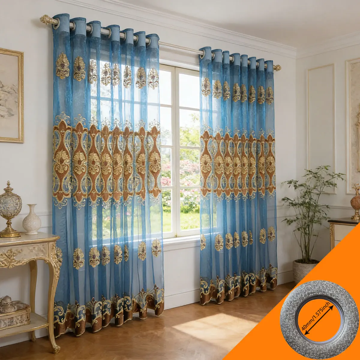 Elegante Hellblaue Bestickte Transparente Vorhänge, Halbtransparente Lichtfilternde Vorhänge mit Verzierter Goldstickerei