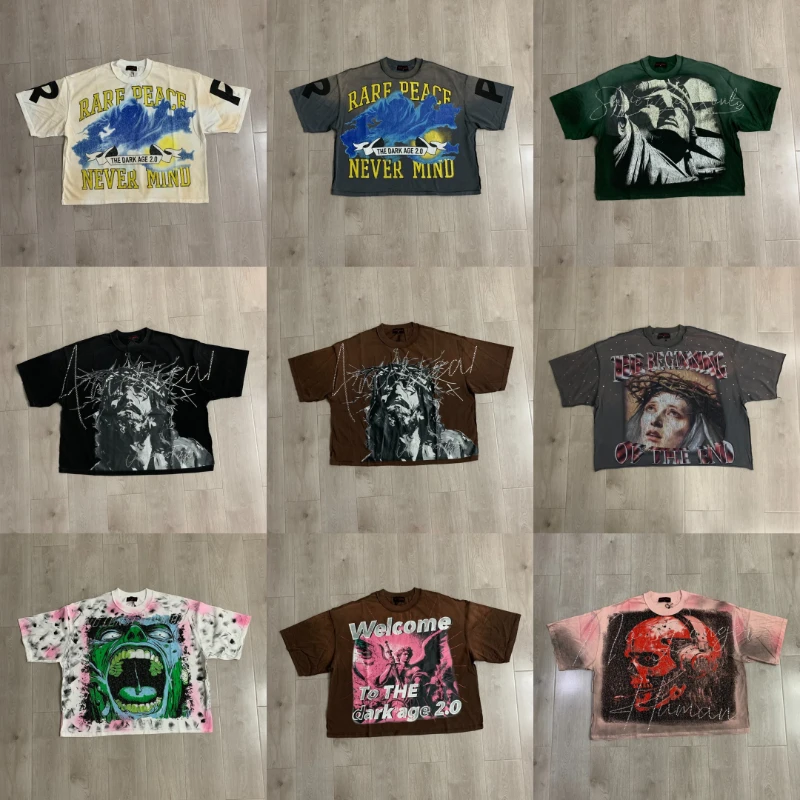 American Style Vintage Distressed RARE PEACE Short Sleeved High Quality Trendy Sequined Pure Cotton Rare Peace T-shirt
