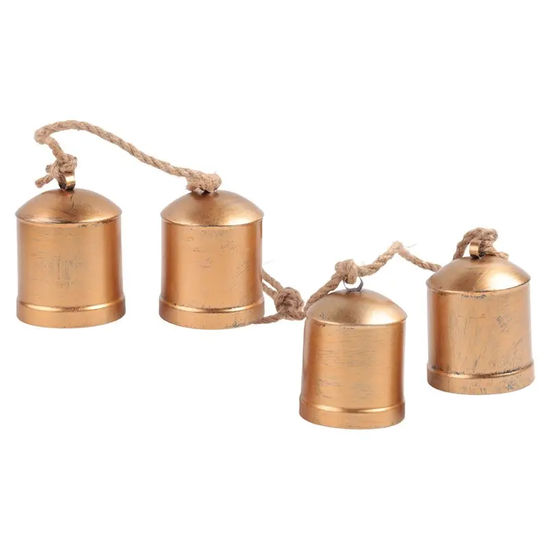 FAST-4PCS Cow Bells Cluster On Rope Large Rustic Vintage Lucky Cow Bells On Rope Wall Hanging Cow Bells Set Kit