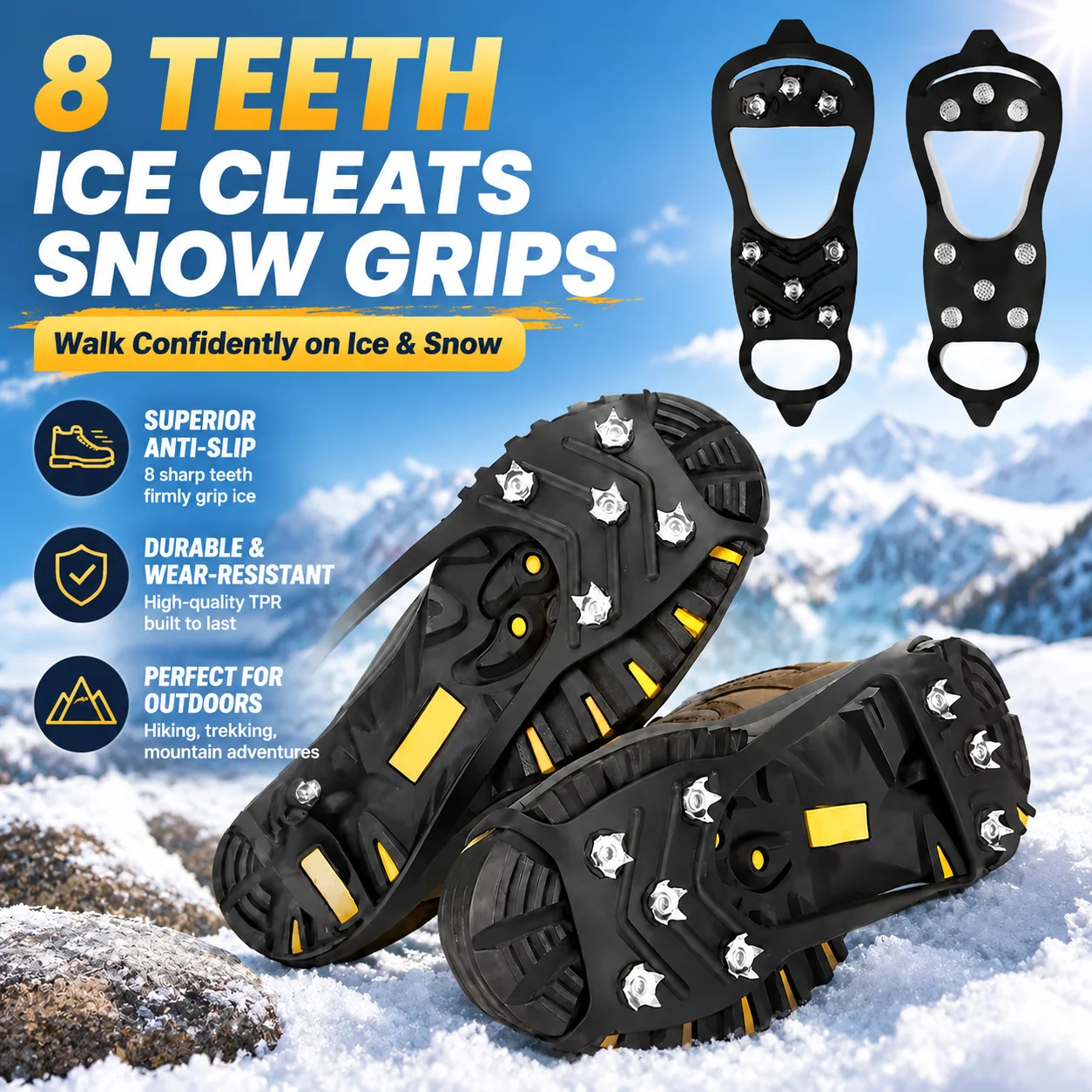 8 Teeth Ice Cleats Snow Grips TPR Anti-Slip Ice Crampons for Hiking Mountain Shoes Boots Men Women