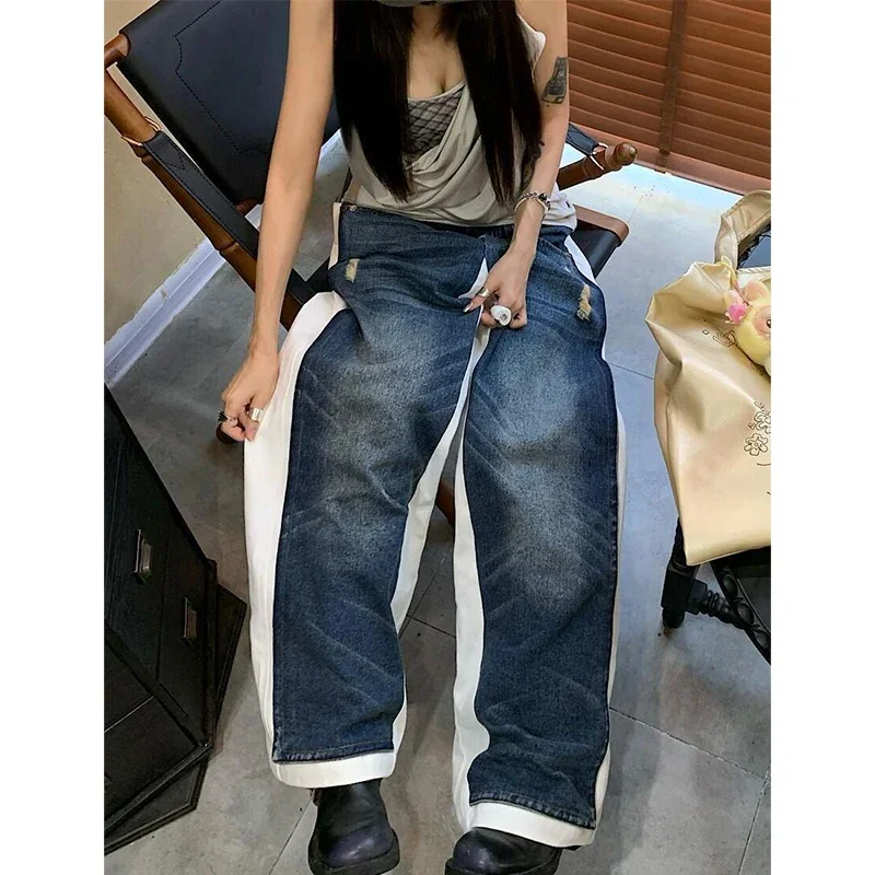 Pantalones vaqueros holgados góticos azules Y2k para mujer, pantalones vaqueros Vintage Harajuku, estilo japonés de los años 2000, pantalones vaqueros con cuchillo doblado Grunge, ropa 2025