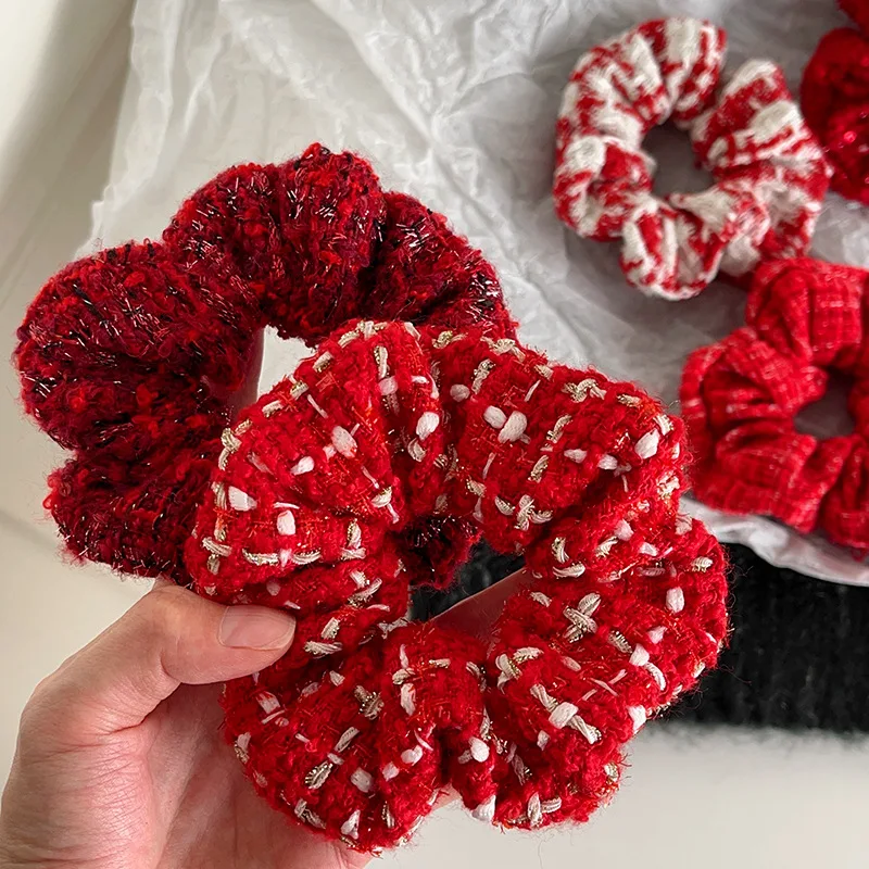 2024 Winter Hair Accessories 5pcs/set Red Hair Scrunchies Set Women Holiday Santa Claus Hair Ties Knitted New Year Schrunchies