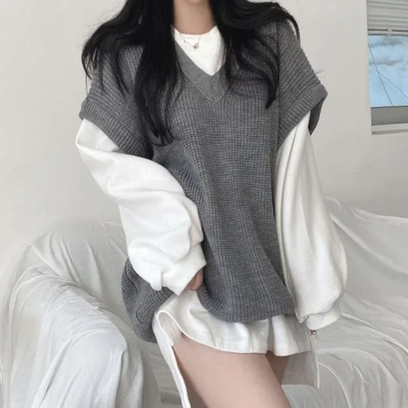 Sweater Vests for Women Fall Winter Baggy Knitwear Korean Style V-neck Comfortable Jumpers Solid Simple Temperament Fashion Cozy