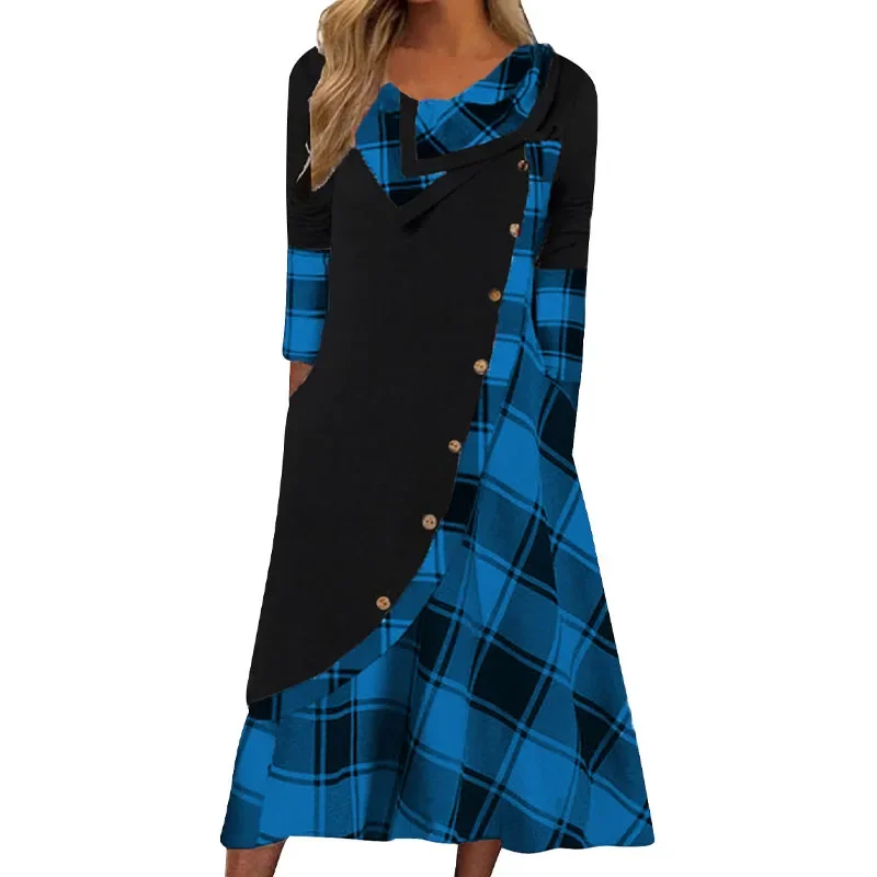 Streetwear Fashion Button Plaid Patchwork Dresses Women's Clothing Long Sleeve Casual Loose Pile Collar Pockets Dress for Female