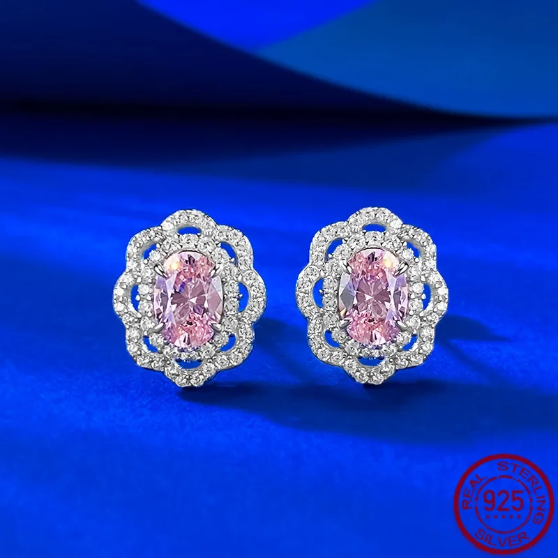 New S925 Silver 5 * 7mm Oval Papalacha Cultivated Earrings with Double-layer Hollow Flowers, Sweet Wedding Jewelry