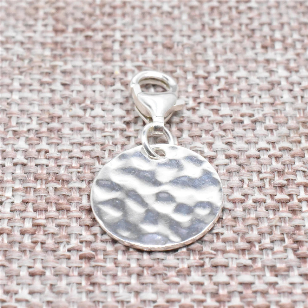 

925 Sterling Silver Hammered Disc Tag Clip On Charm 2-Sided w/ Lobster Clasp 12mm