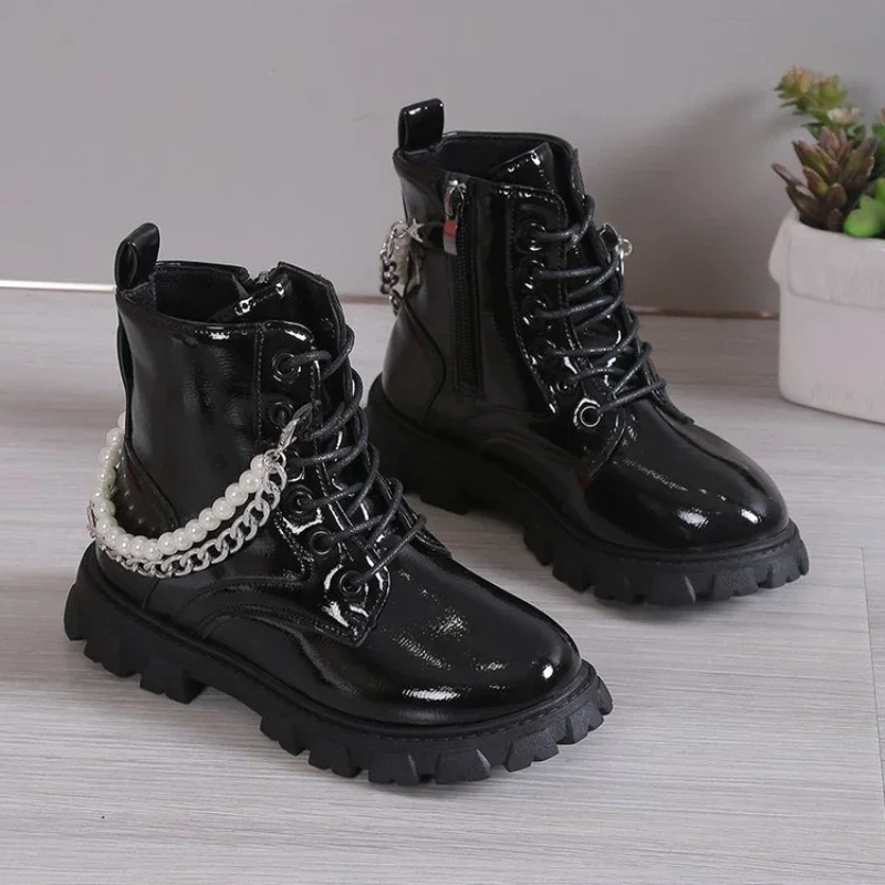 Girls Pearls Ankle Boots White High Top Fashion Shoes Kid Chain Leather Boots for Girls 10 To 12 Years Old Rubber Shoes with Zip