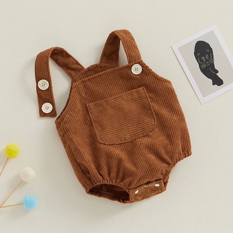 Newborn Baby Girls Boys Corduroy Rompers Solid Color Pocket Sleeveless Straps Jumpsuits Clothes Summer Baby Overalls Clothing