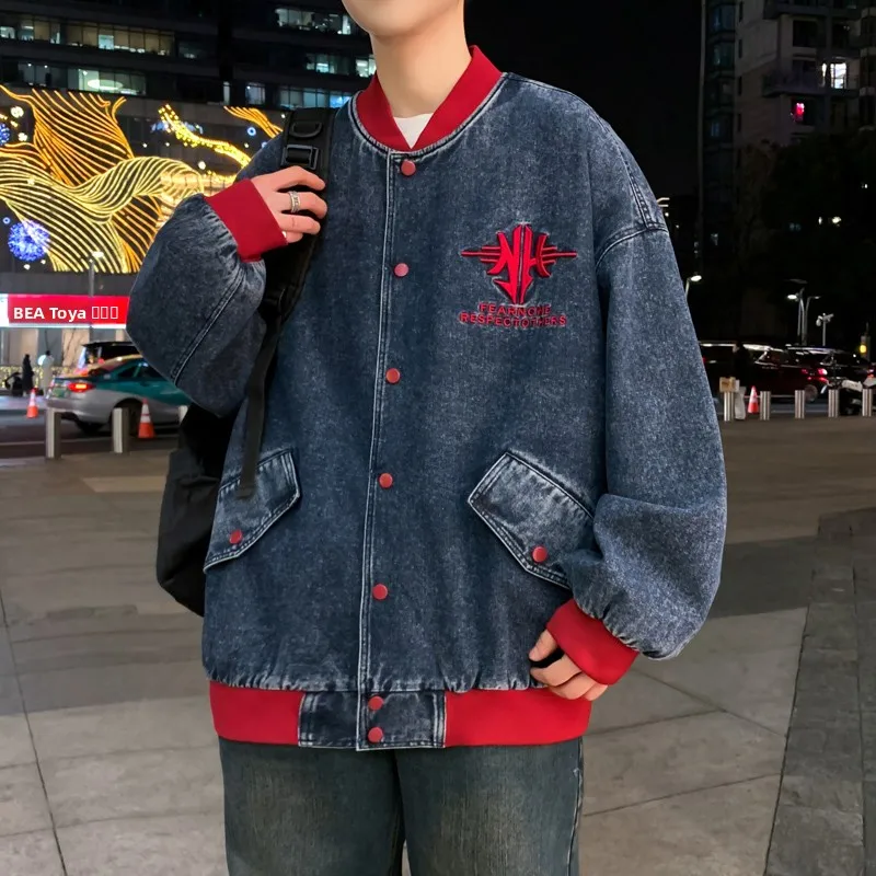 

Waed Denim Jaet Men's Spring Autumn Stand Collar Baseball Sle Versatile Outerwear Cotton Polyester Blend Long Sve