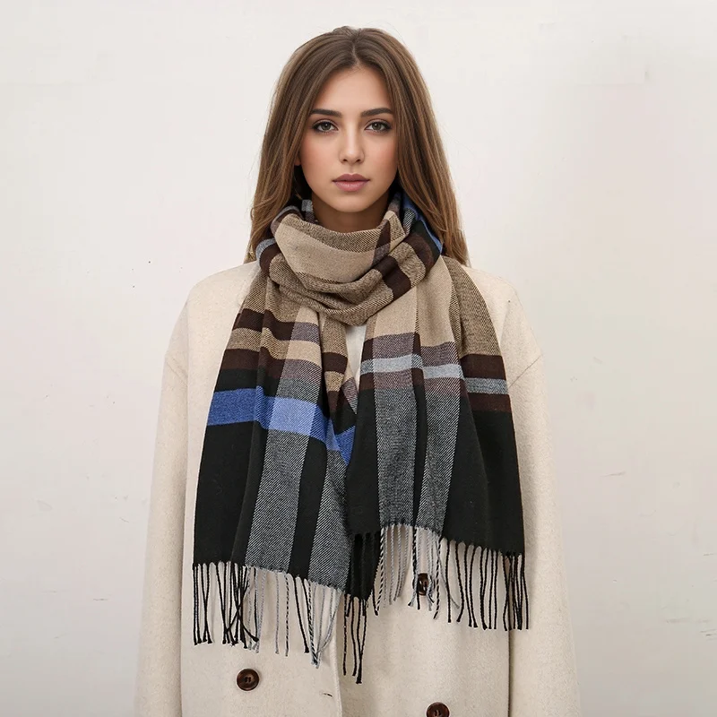 Blended Cashmere Scarf Plaid Fashion Shawl For Women Winter Warm Scarf Stoles Tassel Splicing Neckerchief Wraps