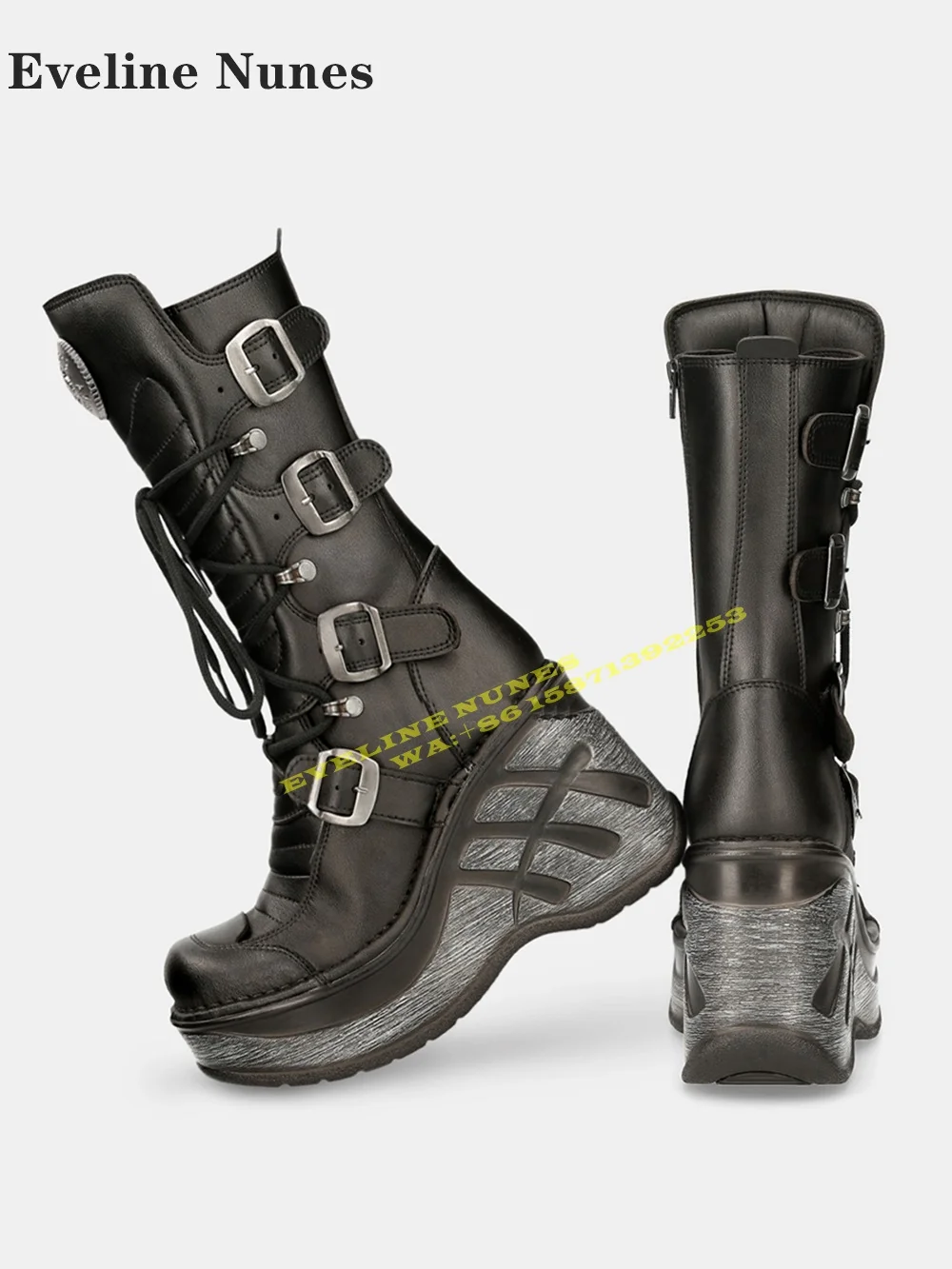 Botas de moto Cyberpunk con cuña de Metal pesado 2024, botas de media pantorrilla con punta redonda y aumento de altura con cordones y cremallera lateral para parejas de talla grande