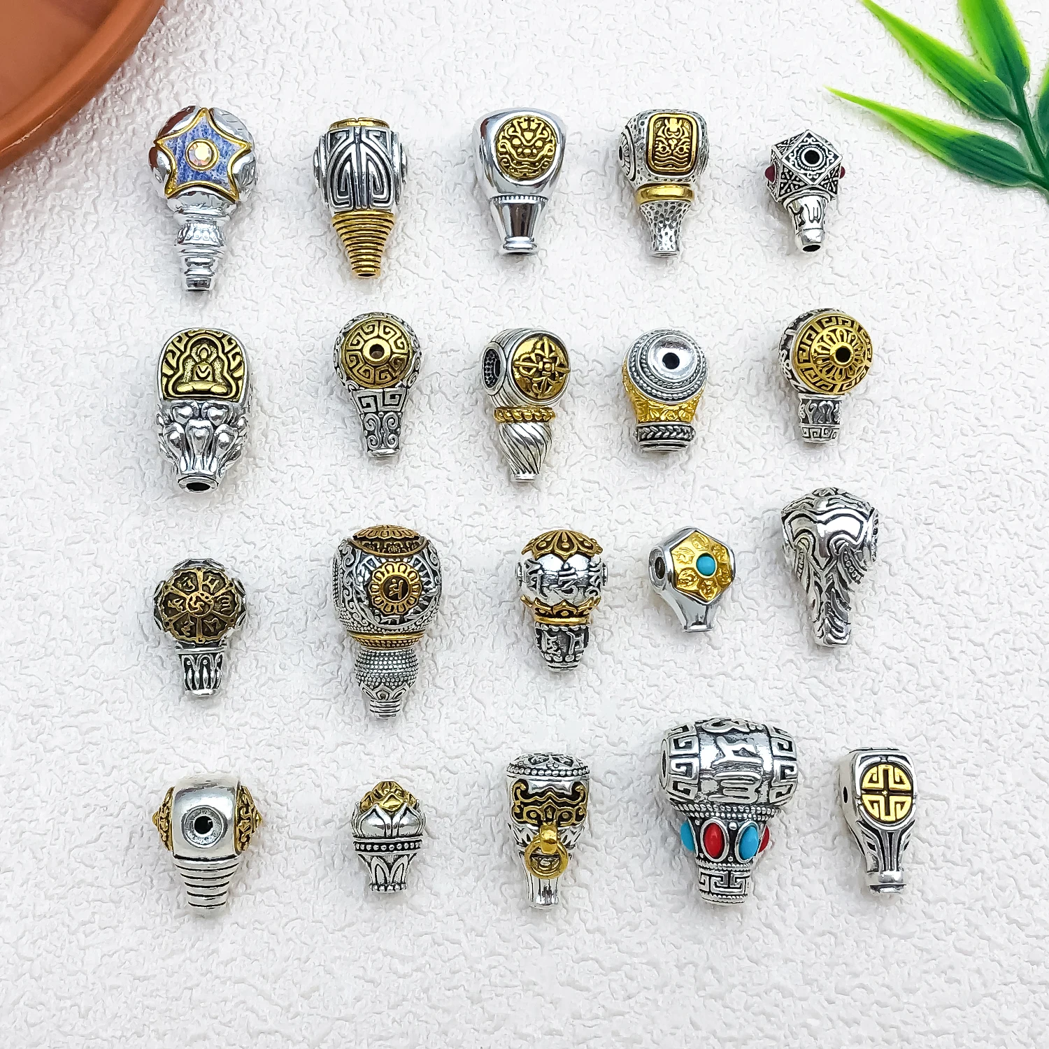 5pcs Three‑Way Alloy Tibetan Beads Findings Multiple‑Pattern Bead Components For Prayer Mala Bracelet Necklace DIY Craft Supplie