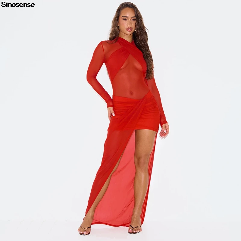 Women Sexy Maxi Dress Sheer Mesh See Through Long Sleeve Cross Ruched High Split Bodycon Dress Y2K Night Out Club Party Dress
