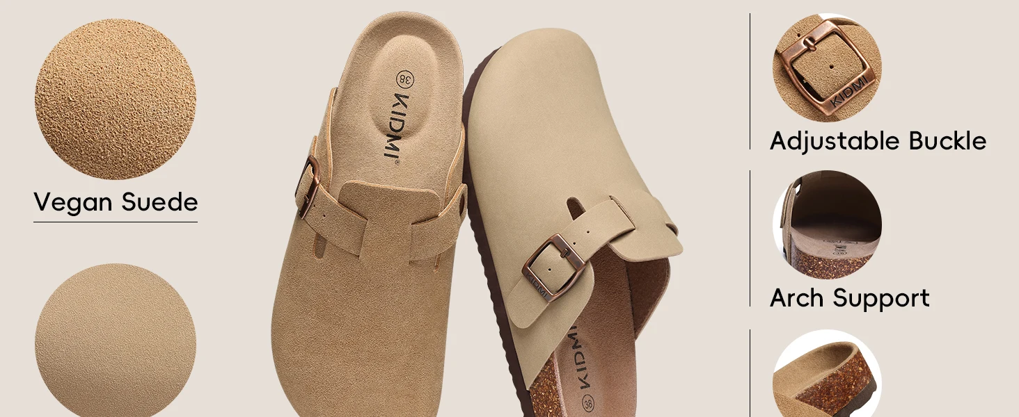 Shevalues Rutschfeste Unisex-Kartoffelschuhe mit Verstellbarer Schnalle, Korkfußbett, Veganen Wildleder-Clogs für Damen mit Fußgewölbestütze – Detail 4