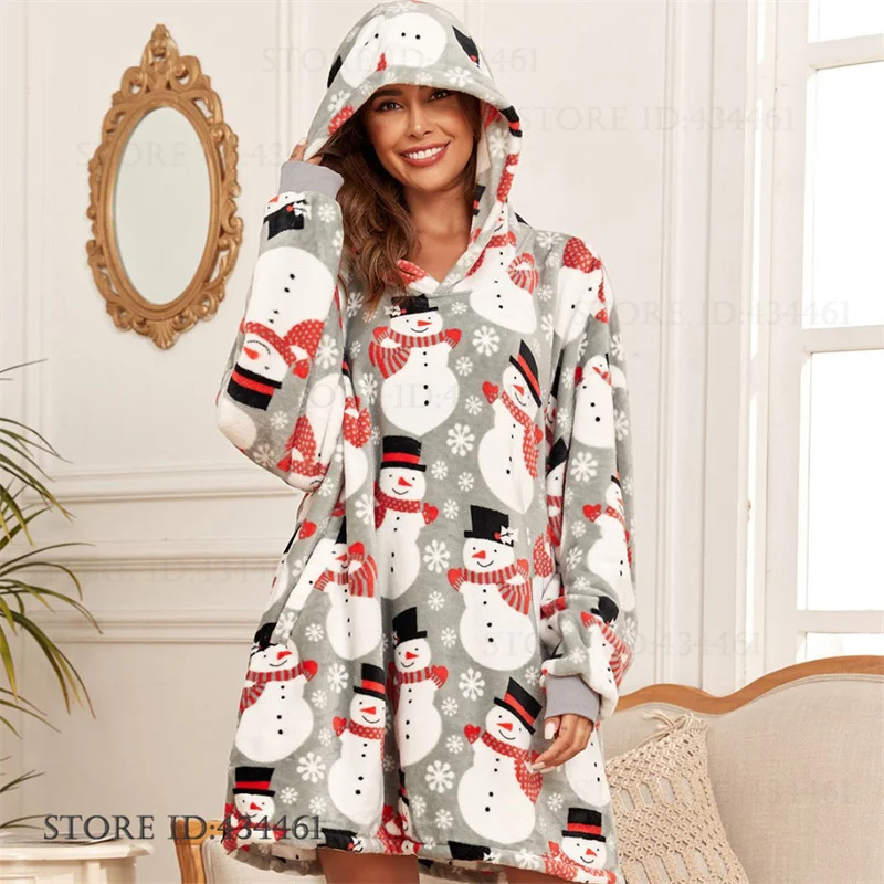 

Autumn Winter Flannel Hooded Robe Nightgown Christmas Sleepwear Homewear Thicken Warm Coral Fleece Nightdress Loungewear Nighty