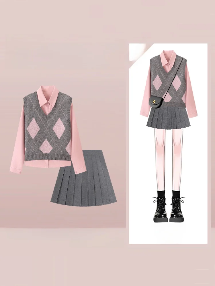 

Розовый вязаный жилет-топ для женщин, модный, в стиле колледж, для многослойных образов, под юбку, в стиле JK, с длинным рукавом, с воротником, стандартный крой