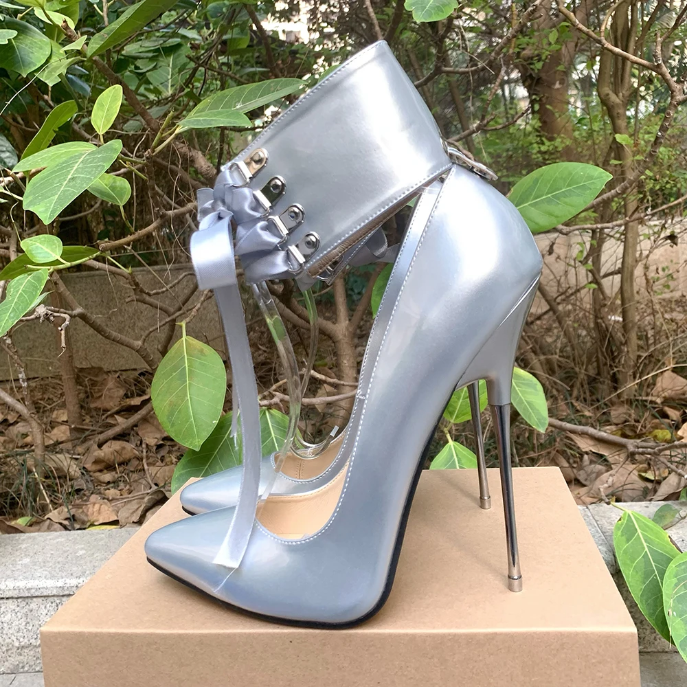 16cm Riband Ankle Strap Pumps Extreme High Heels Lace Up Bow Fetish Silver Drag Queen Cross Dresser Unisex Shoes Plus Size35-46