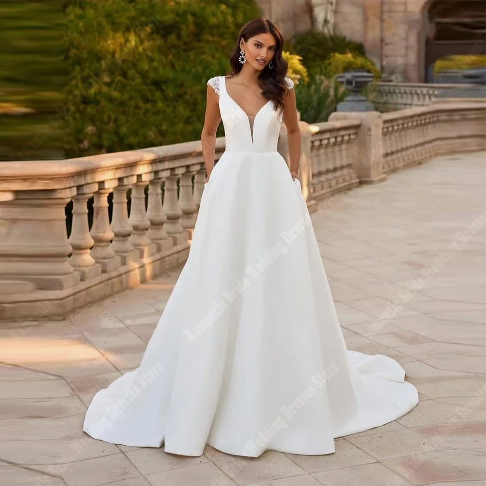 

2025 Sexy V-Neck Women Wedding Dresses Elegant A-Line Princess Bride Gowns Mopping Length Beach Ball Vestido De Novia Customized