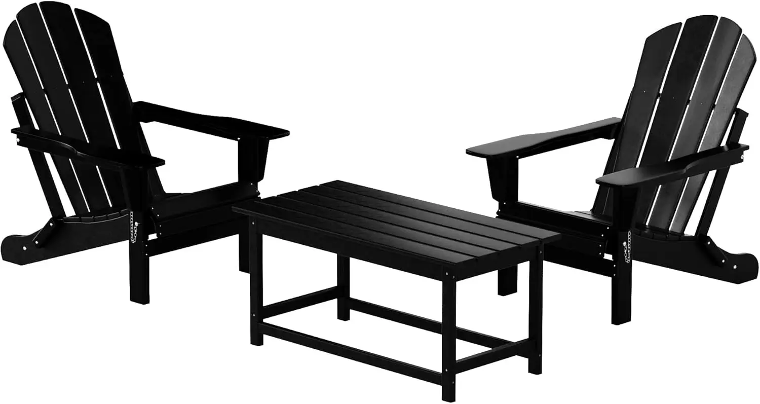 

Комплект из 3 предметов Malibu: набор из 2-местных кресел Adirondack из полимерного материала для улицы/патио с кофейным столиком, черный