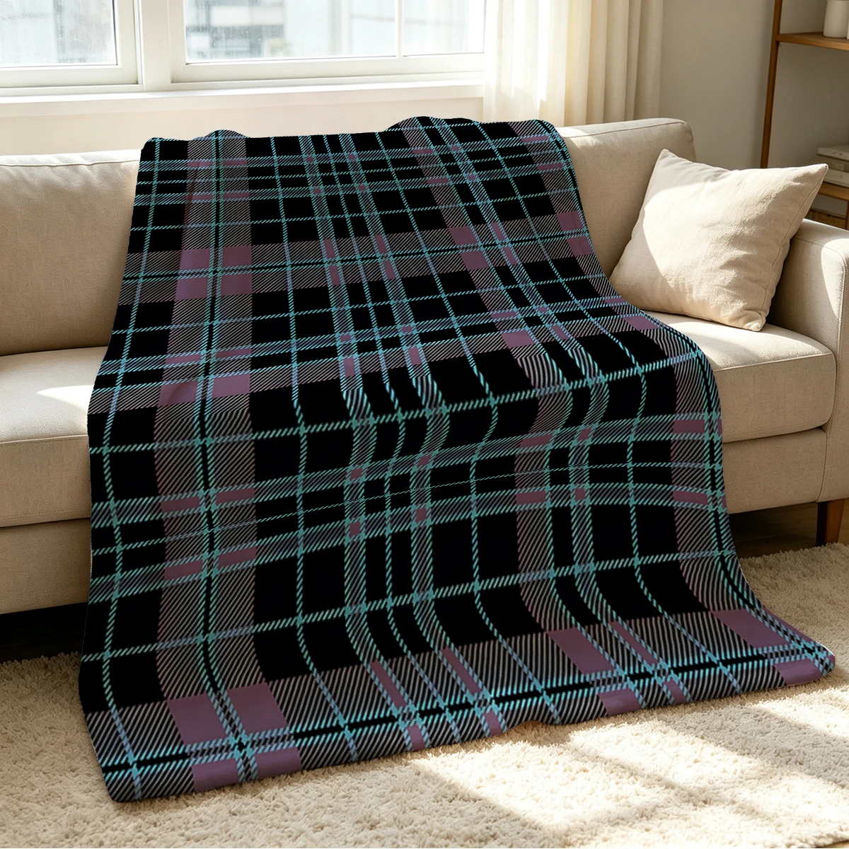 Black Purple Blue Tartan Flannel Blanket Warm Soft Halloween Christmas Couch Warm Cozy Decorative Decor Gift for All Season