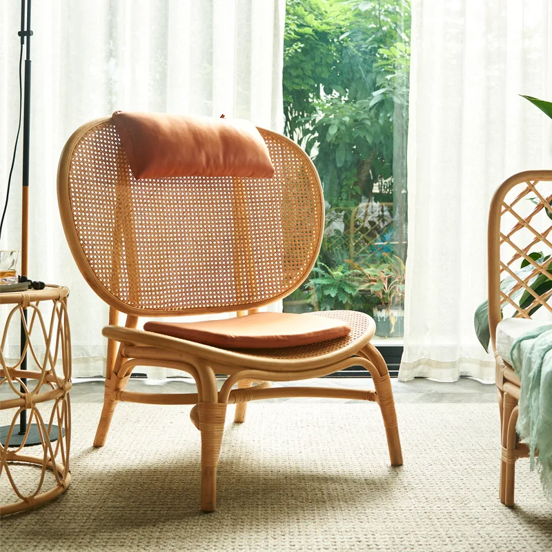 Medieval style living room household rattan backrest leisure lazy recliner B & B hotel solid wood sofa chair