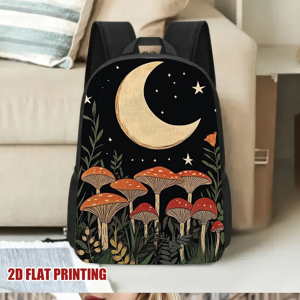 

One-shoulder Halloween-themed backpack, moon and mushroom design, light and breathable, removable shoulder strap, suitable
