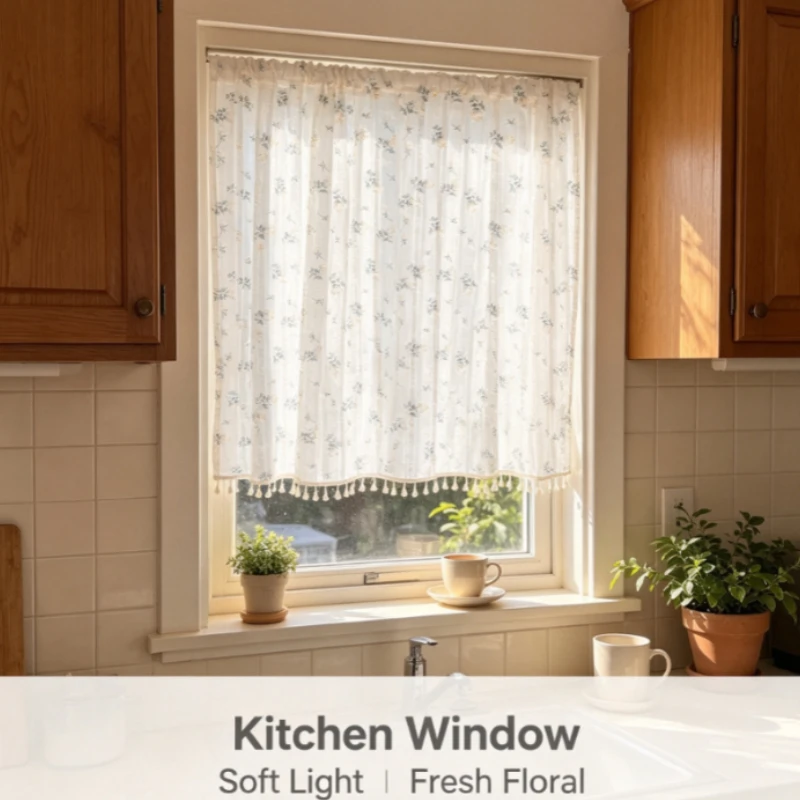 Floral Sheer Curtain Daisies Print Half Door Panel With Tassels For Kitchen Cabinet Bedroom Window Privacy Screen Home Decor